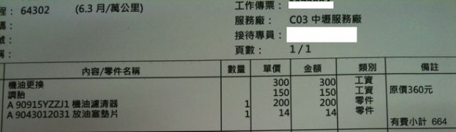 PRIUS保養工單&部分零件耗材價格