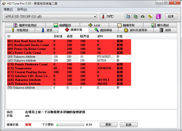 Macbook Air 2013（ Mid）的SSD跑 HD Tune Pro 出現一堆紅字，這樣正常嗎？
