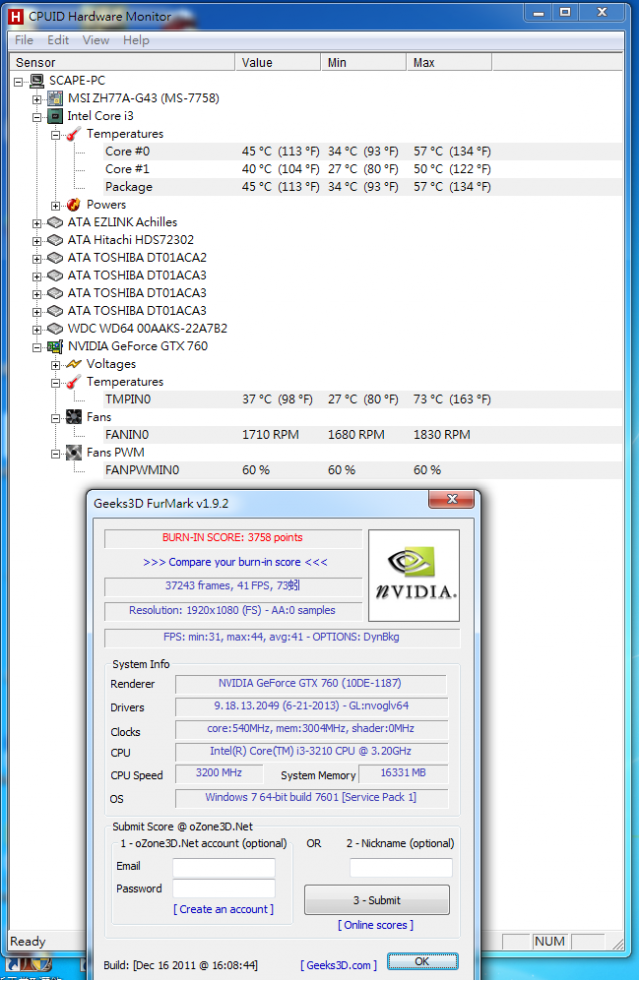 MSI GTX760 GAMING 溫度測試-甜甜圈15分燒機分數