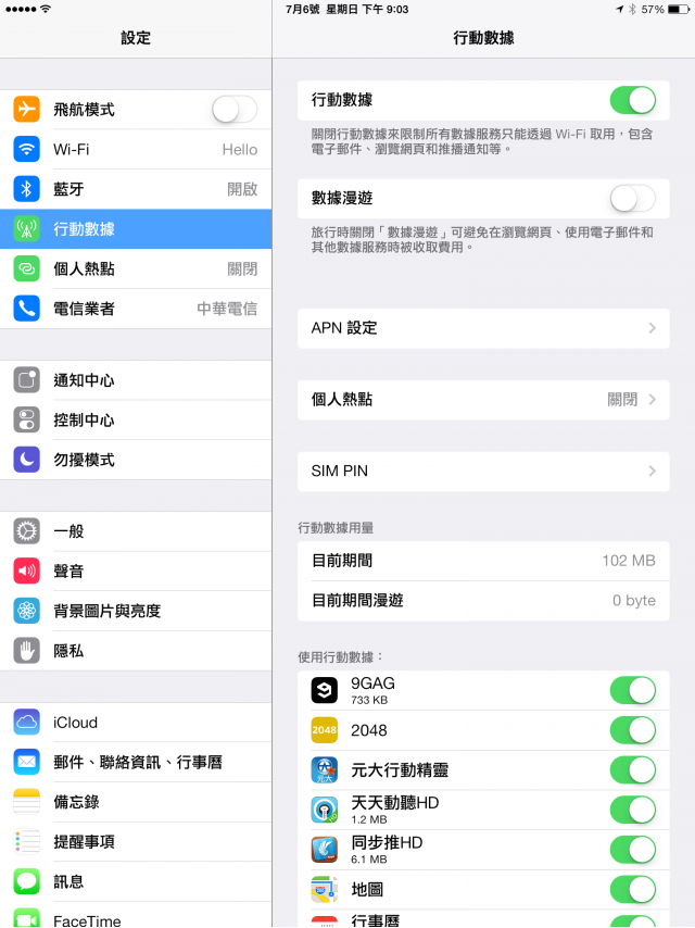 Ipad Mini 2 無法使用中華電信的4G上網