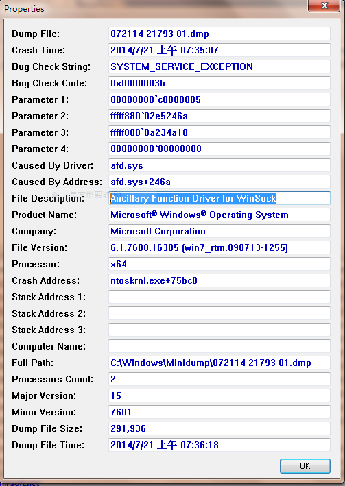 請教win7藍底白字當機可能原因