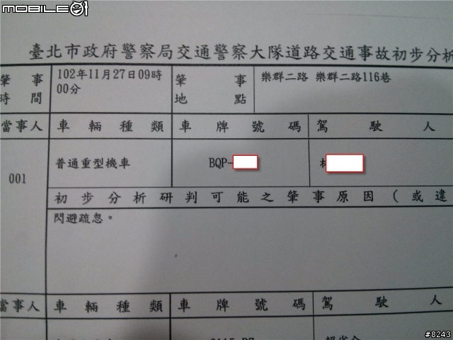 2013.11.27 車禍 機車閃避未禮讓直行車之轉彎車輛