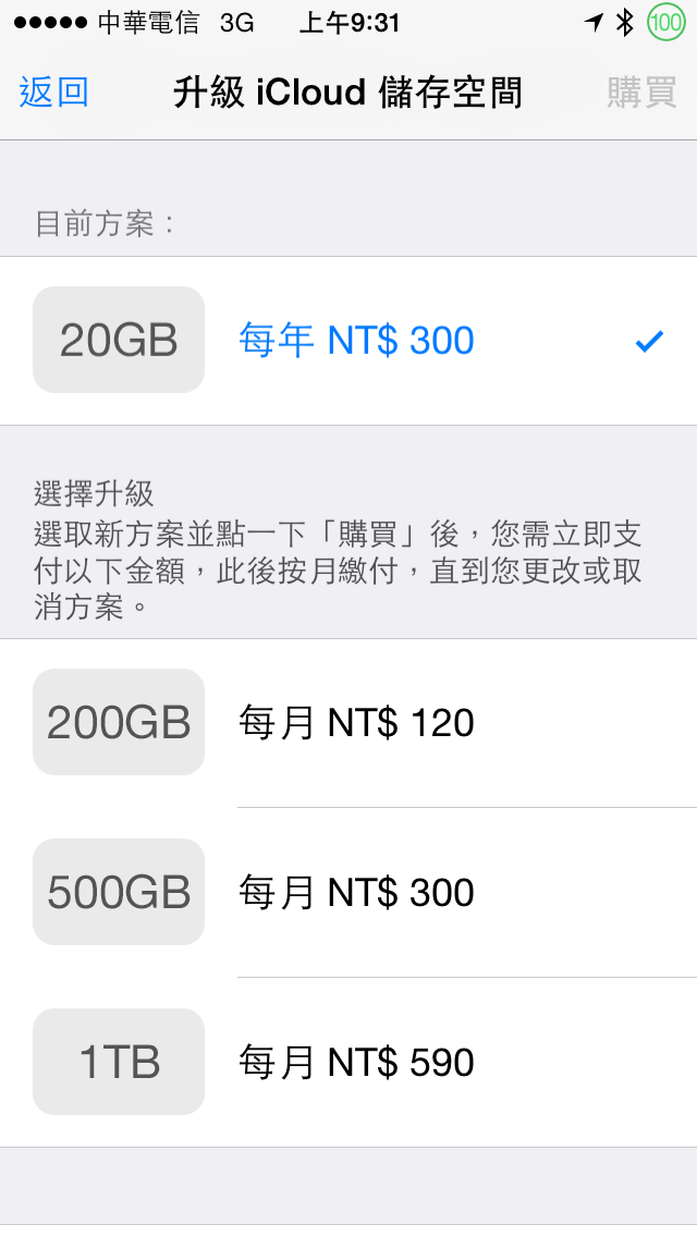 您的 iCloud 儲存空間已經升級至......