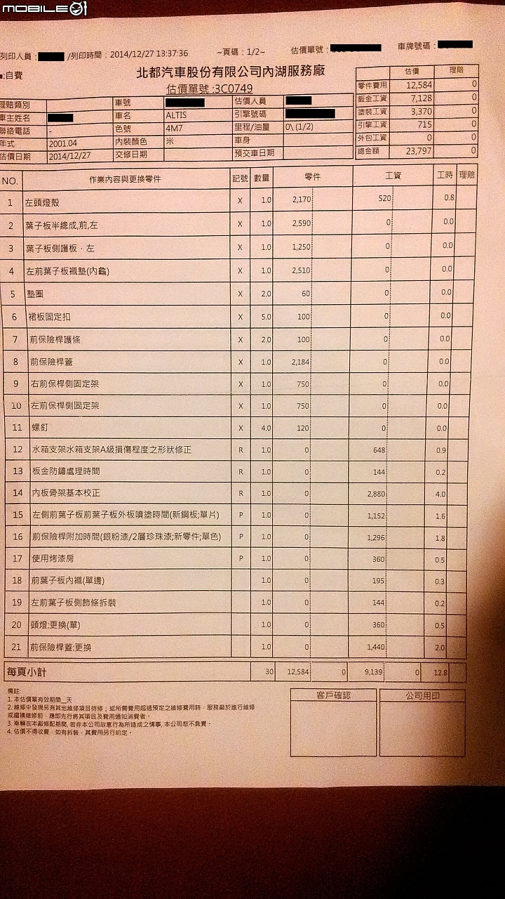 請問撞到左前葉子板維修?