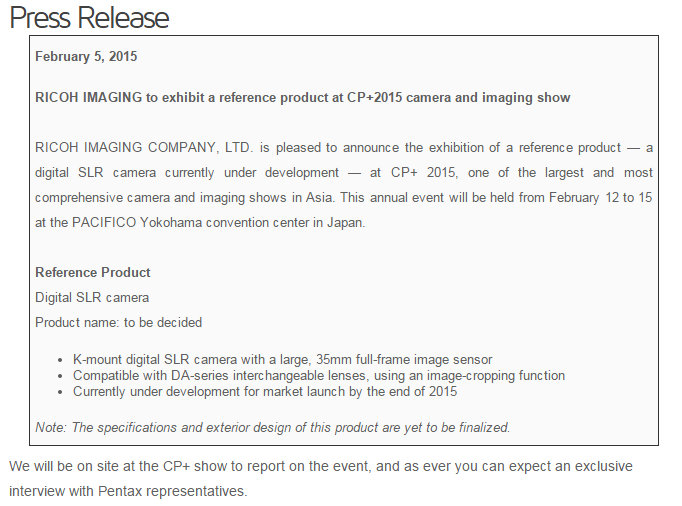 Pentax Full Frame DSLR Officially Announced