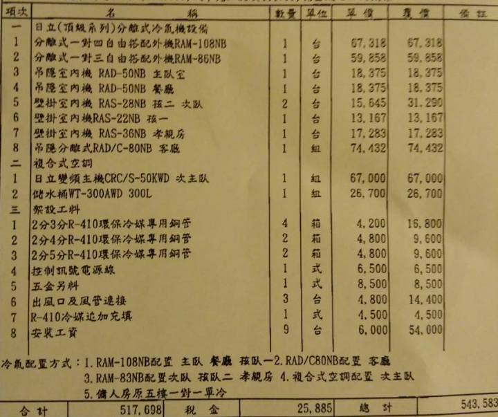 小弟最近要裝潢家裡   冷氣報價單