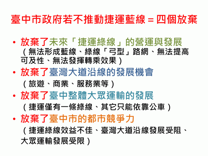 請臺中市政府繼續推動「臺中捷運藍線」計畫、研商解決臺灣大道「路中央的私有土地」徵收問題
