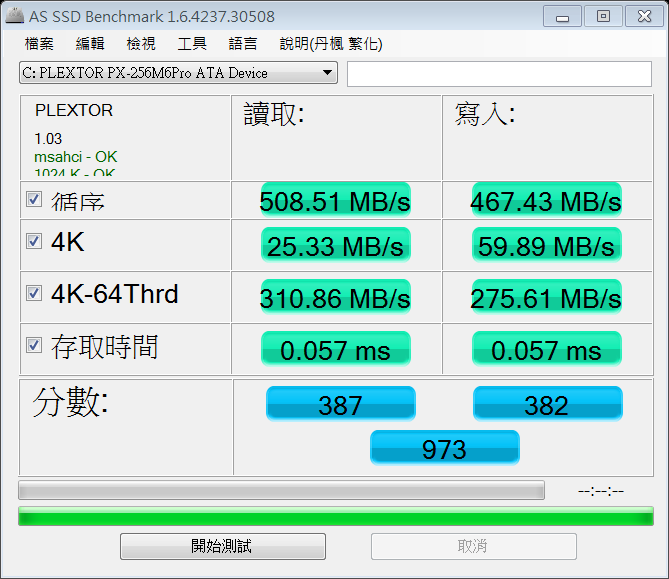 普傑 PLEXTOR M6 Pro - 256G 跑分
