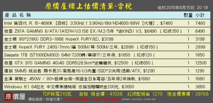 i5-4690k+GTX970或i7-4790k+GTX960