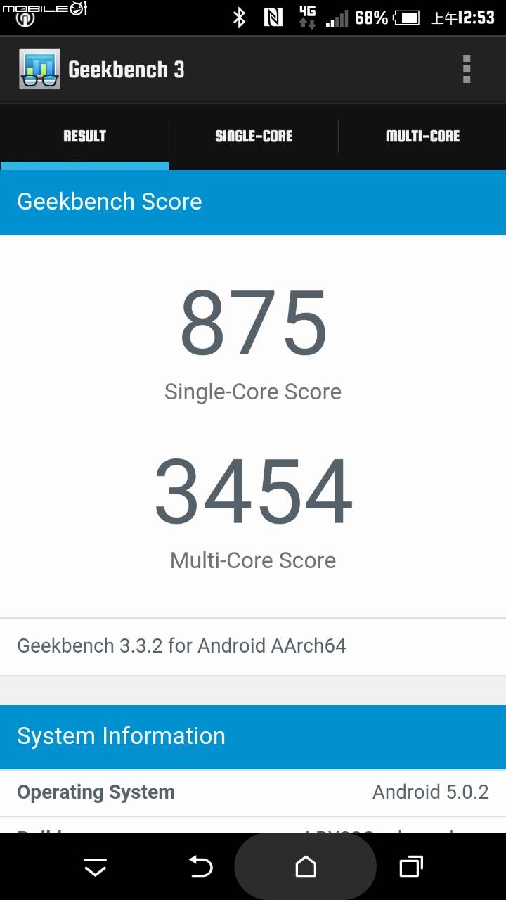 我的HTC ONE M9 Geekbench 3 跑分