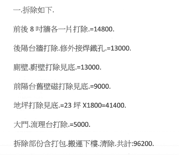 老屋裝修之泥作報價單