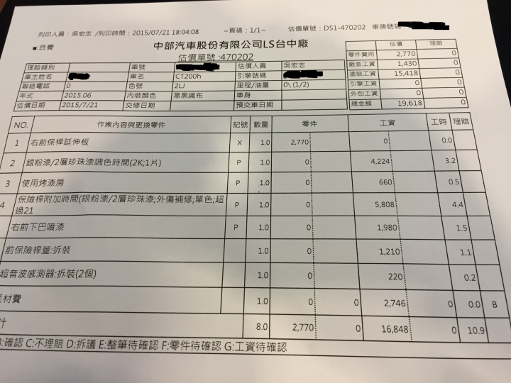 CT200H 右前輪底盤上烤漆 工單