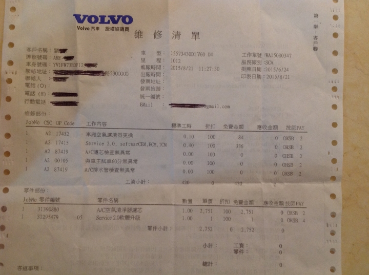 2015.1月出廠，6月底交車V60D4，進廠抓冷氣屁味