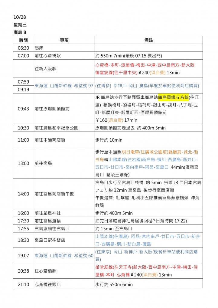 大阪廣島行程請益
