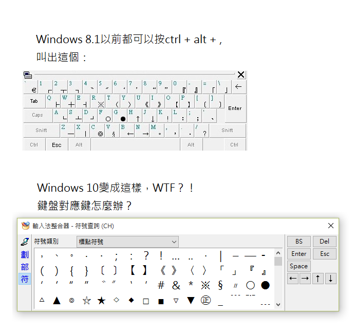 Win10 注音輸入 符號對應表回不來了？