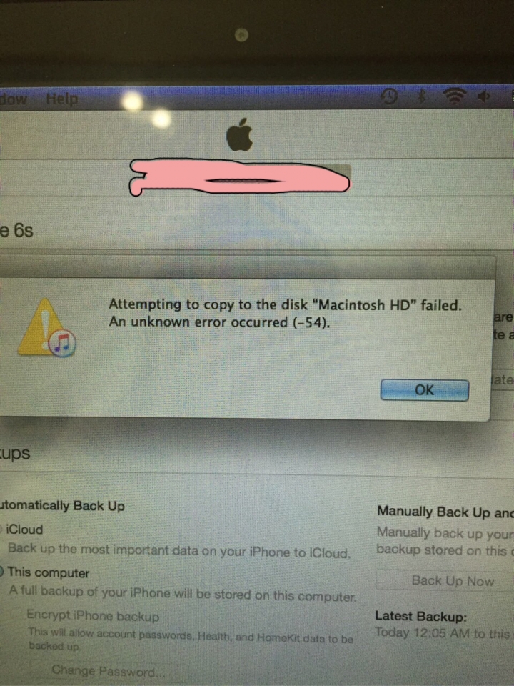 請問有人備份iphone6s時有出現"MACINYOSH HD"的錯誤訊息嗎