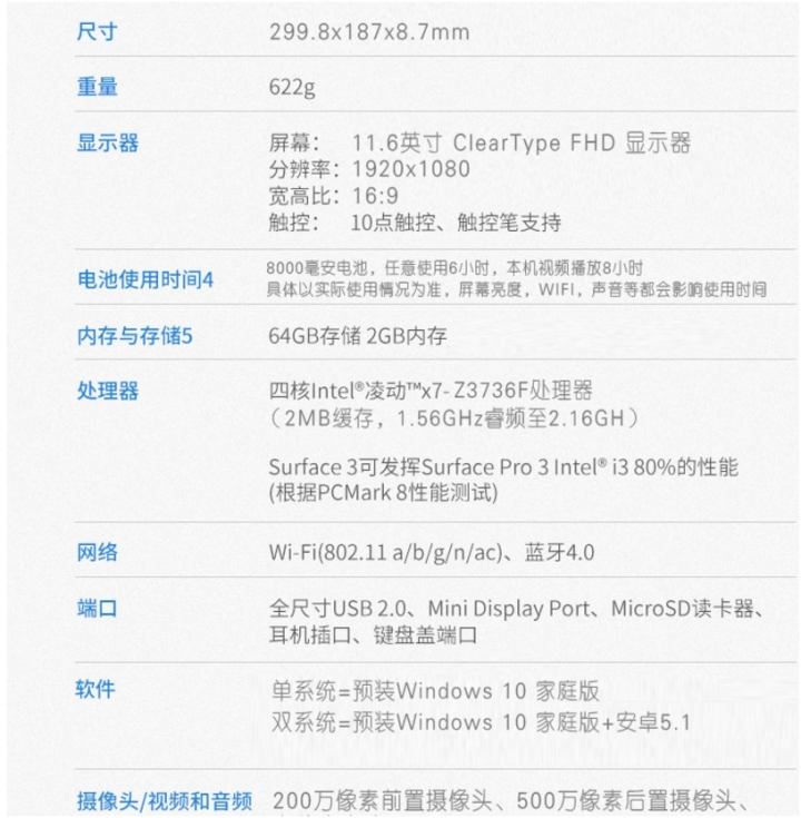 雙系統平板電腦 SURFACE3 WIN10+ANDROID5.1