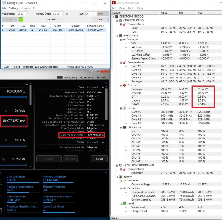 GIGABYTE P37X V5燒機(使用XTU調整mV降壓降溫)與遊戲溫度表現