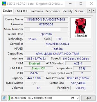 1MB大約1.05元的 Kingston  金士頓 UV400 480GB SSD 開箱(更正)