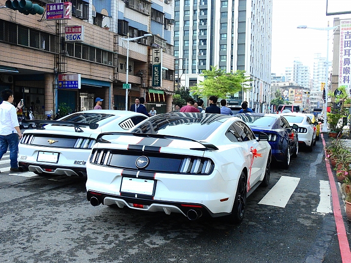 一早巧遇福特野馬迎親車對，祝福新人滿滿的幸福。