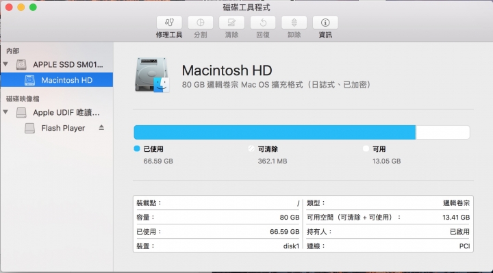 Macbook Pro 128G 儲存空間只剩 80G