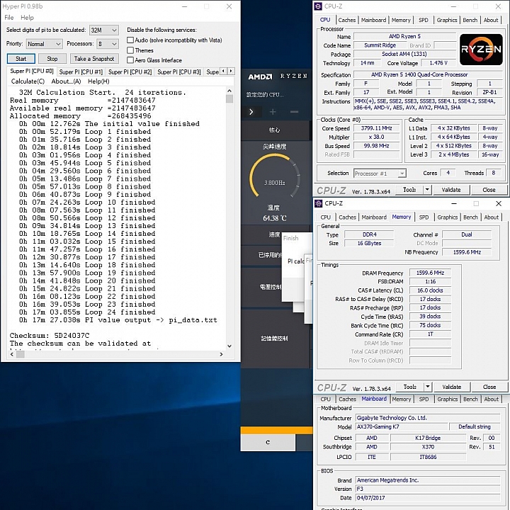 Ryzen5 1400+AORUS AX370 GAMING K7，更新BIOS後效能更強悍
