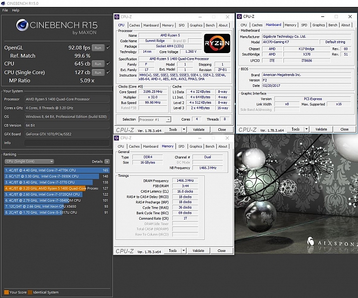 Ryzen5 1400+AORUS AX370 GAMING K7，更新BIOS後效能更強悍