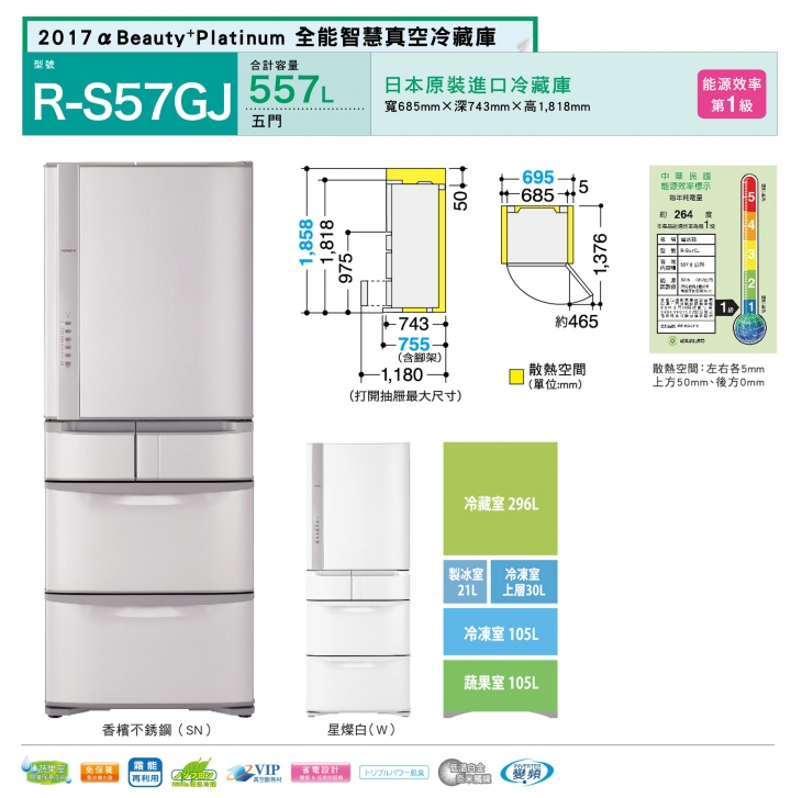 想購入日立的rg520gj六門(黑色)、rs57gj五門(不銹鋼香檳色)