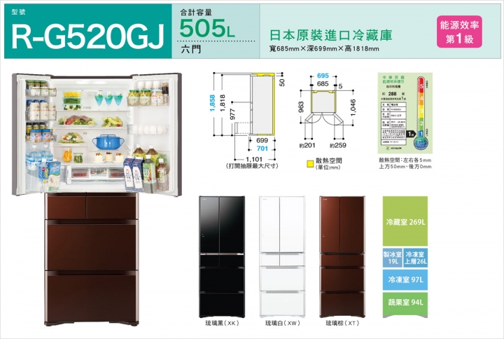 想購入日立的rg520gj六門(黑色)、rs57gj五門(不銹鋼香檳色)
