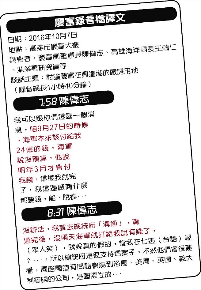 台軍“獵雷艦醜聞”錄音公開：慶富公司直通蔡辦要24億元新台幣履約款