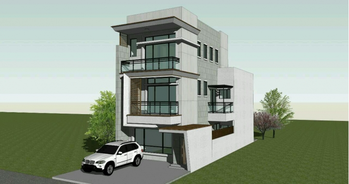 【自建】建築外觀，純白x木紋磚