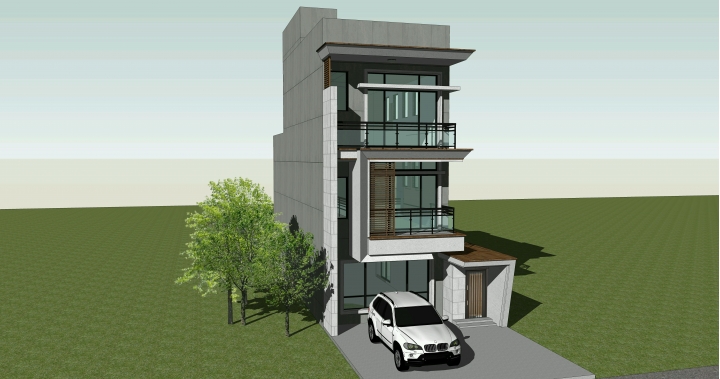 【自建】建築外觀，純白x木紋磚