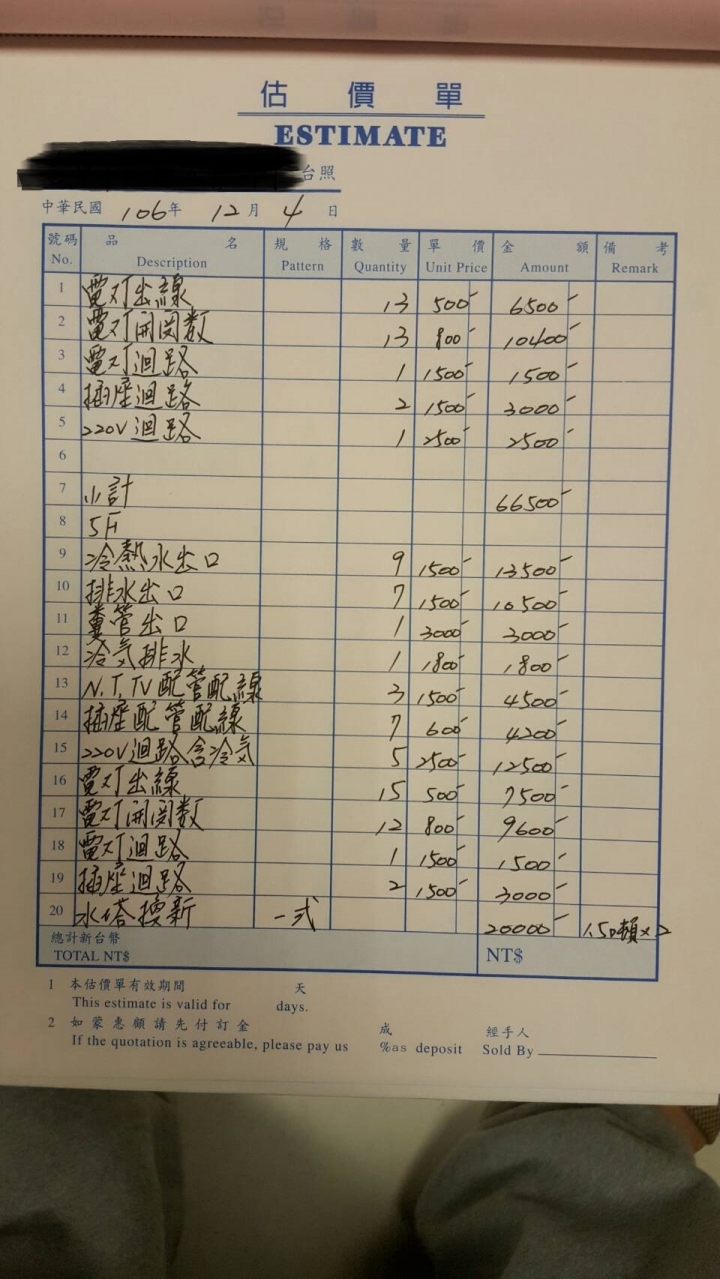 4樓透天重練， 2-5樓水電部份估價請幫忙看看OK嗎？