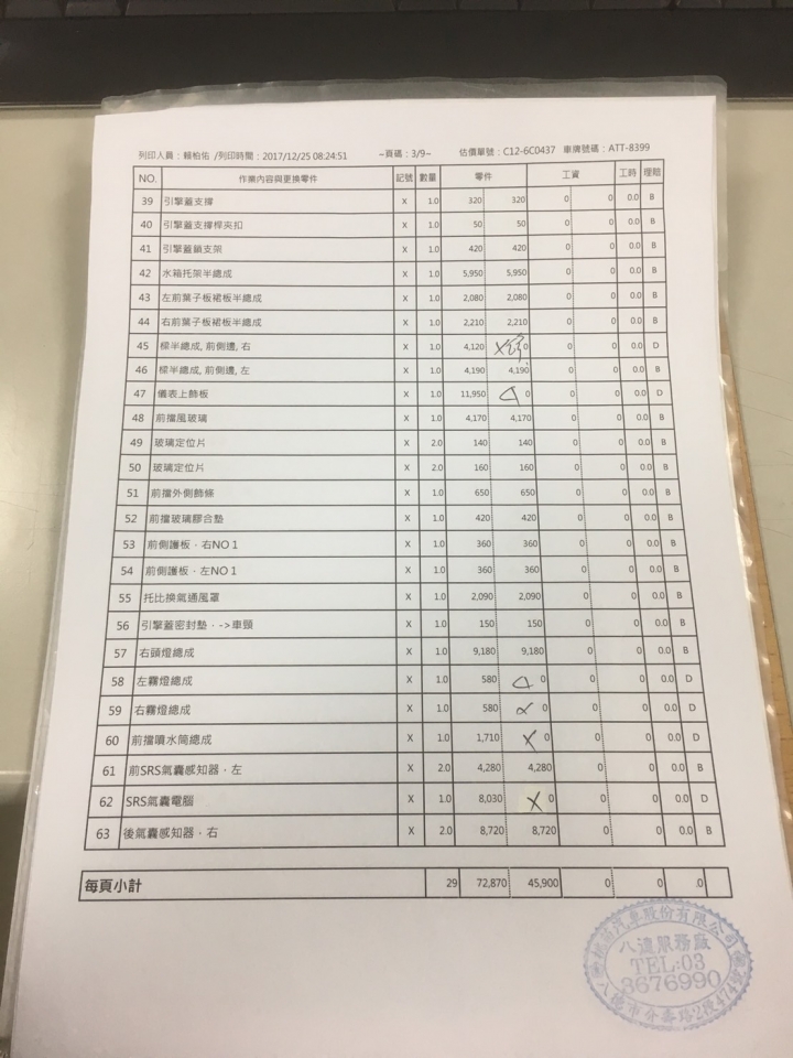 尋求106年新款1.8的ALTIS、如果您剛好也在106年有發生事故有維修單可否請提供給我、謝謝