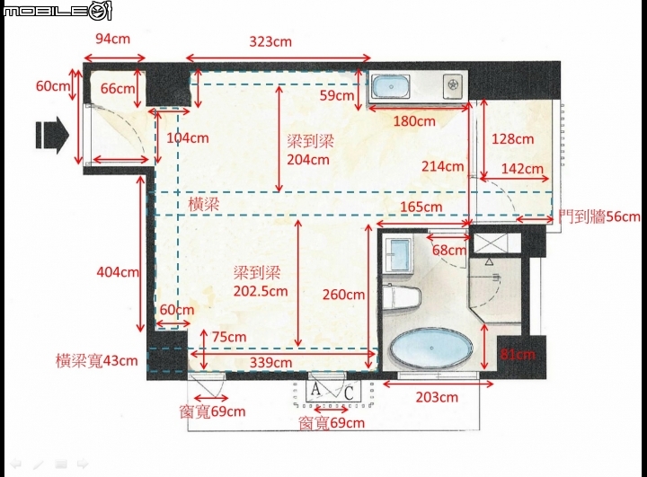 14坪想規劃成二房一廳，跪求示意圖。(1/13更新，加上室內尺寸)