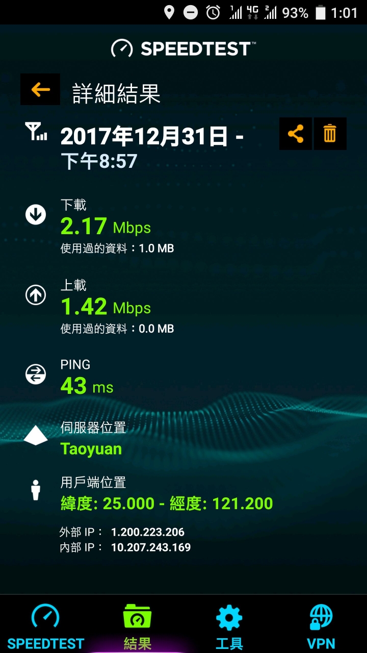 分享一下2017-2018 跨年場網速測試 台星＋亞太