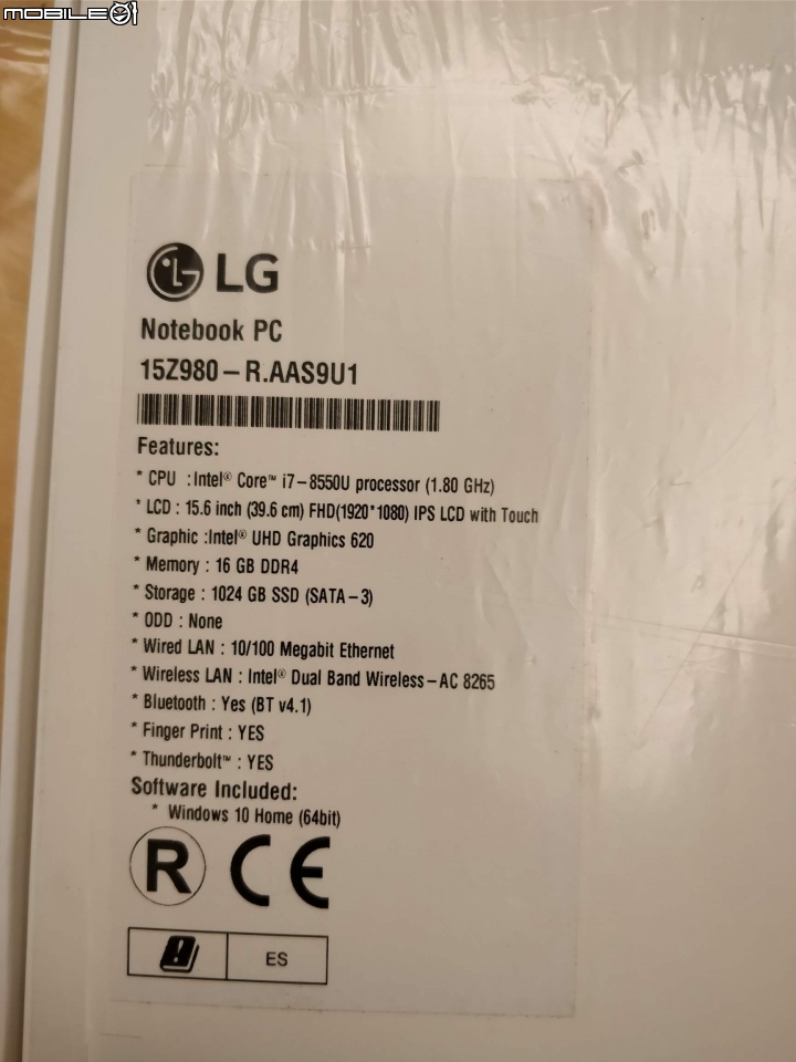 開箱 LG Gram 15Z980 i7-8550u 16g ram 1TB SSD
