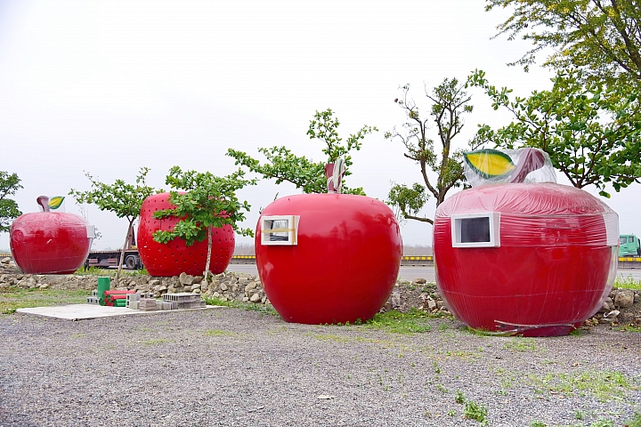 天空中的孔雀開屏，地面上的大蘑菇、大草莓和大蘋果。