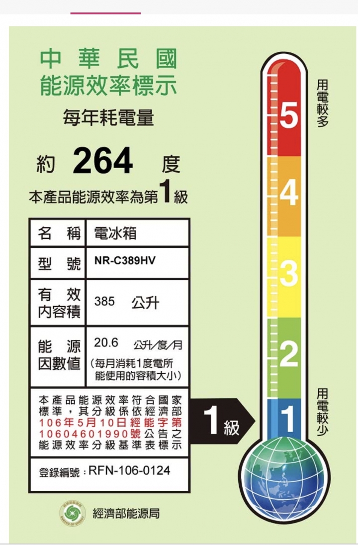 NR C389HV-K (國際牌385L冰箱）