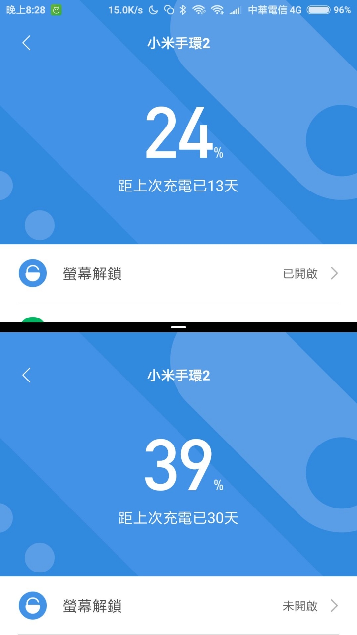 手環2日常使用和當時鐘使用的電量差異