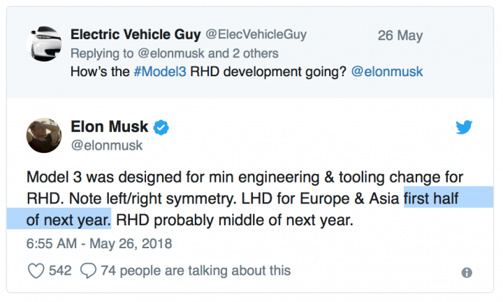 Model 3 確定明年(2019)才能交車到亞洲