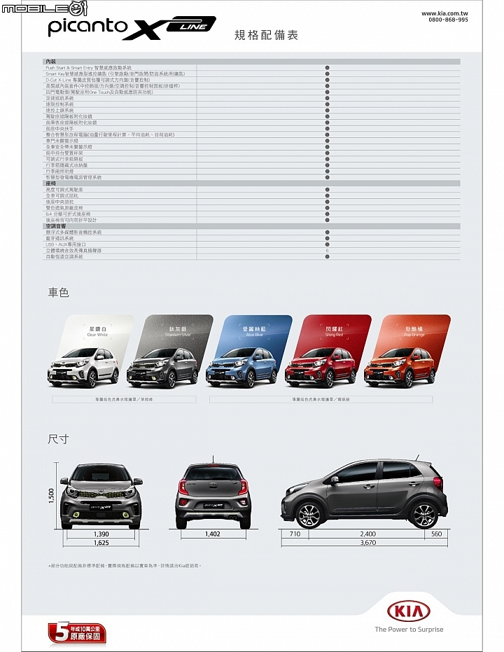 Kia Picanto X-Line規格配備表 Kia Picanto X-Line規格配備表