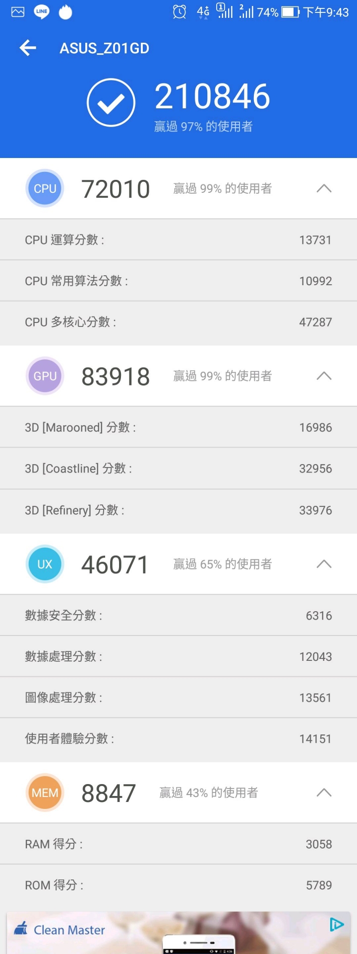 Zenfone 4 pro的安兔兔跑分圖樓
