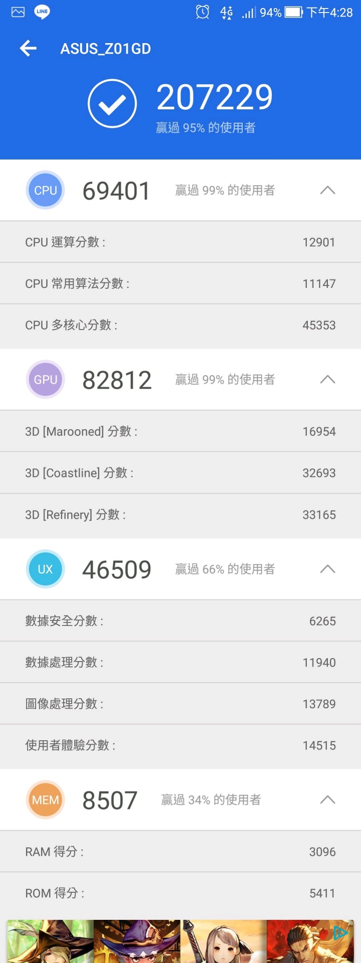 Zenfone 4 pro的安兔兔跑分圖樓