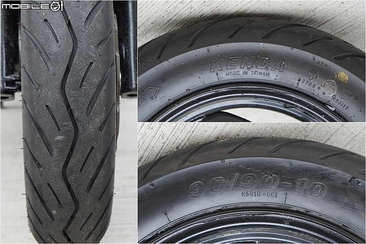 SYM VEGA 125 前輪型號為建大輪胎的 K6010-001 都會型全天候胎。 SYM VEGA 125 前輪型號為建大輪胎的 K6010-001 都會型全天候胎。