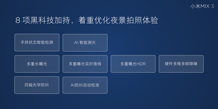 小米MIX3 相機:小米MIX3相機的幾個新功能,也運用了AI,像是「手持超級夜景」的部分,根據發表會上提到,這功能用了八項技術來實現。 小米MIX3 相機:小米MIX3相機的幾個新功能,也運用了AI,像是「手持超級夜景」的部分,根據發表會上提到,這功能用了八項技術來實現。