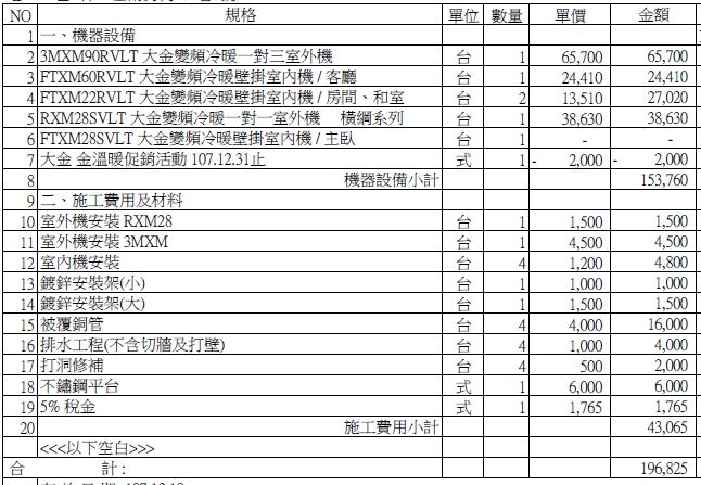 大金空調報價單: 三房兩廳的報價單合理性