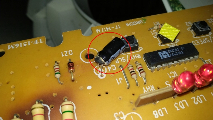 請問這台大同 TF-1511M 電扇的主機板是哪個零件故障了？謝謝。