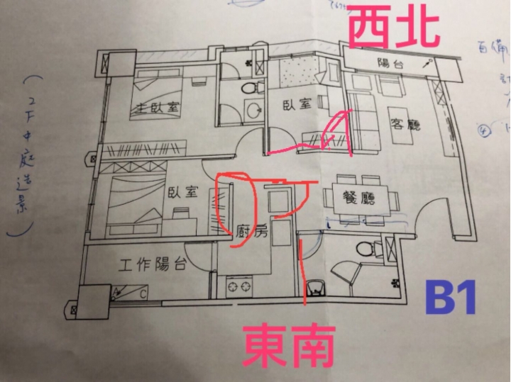 廚房門如果改方位，動線感覺卡卡的