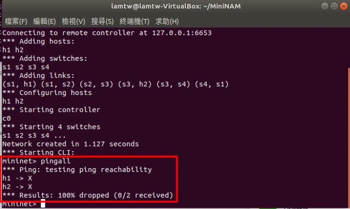 點我看大圖 急......Ubuntu 18.04 環境使用MIninet 和MiniNAM 執行pingall失敗